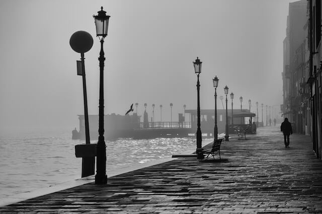 black and white sea side alley